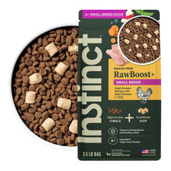 Instinct RawBoost Small Breed bag front, grain-free, high-protein formula for small dogs.