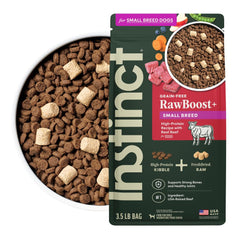 Instinct RawBoost Small Breed beef kibble; supports lean muscle in active small dogs.