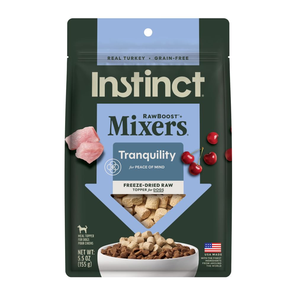 Instinct RawBoost Tranquility bag front shows grain-free topper for calmer mealtimes