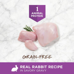 Instinct Real Rabbit in gravy highlights single-protein nutrition for sensitive cats.