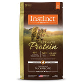 Instinct Ultimate Protein duck kibble bag emphasizes protein-rich nutrition for lean muscles.