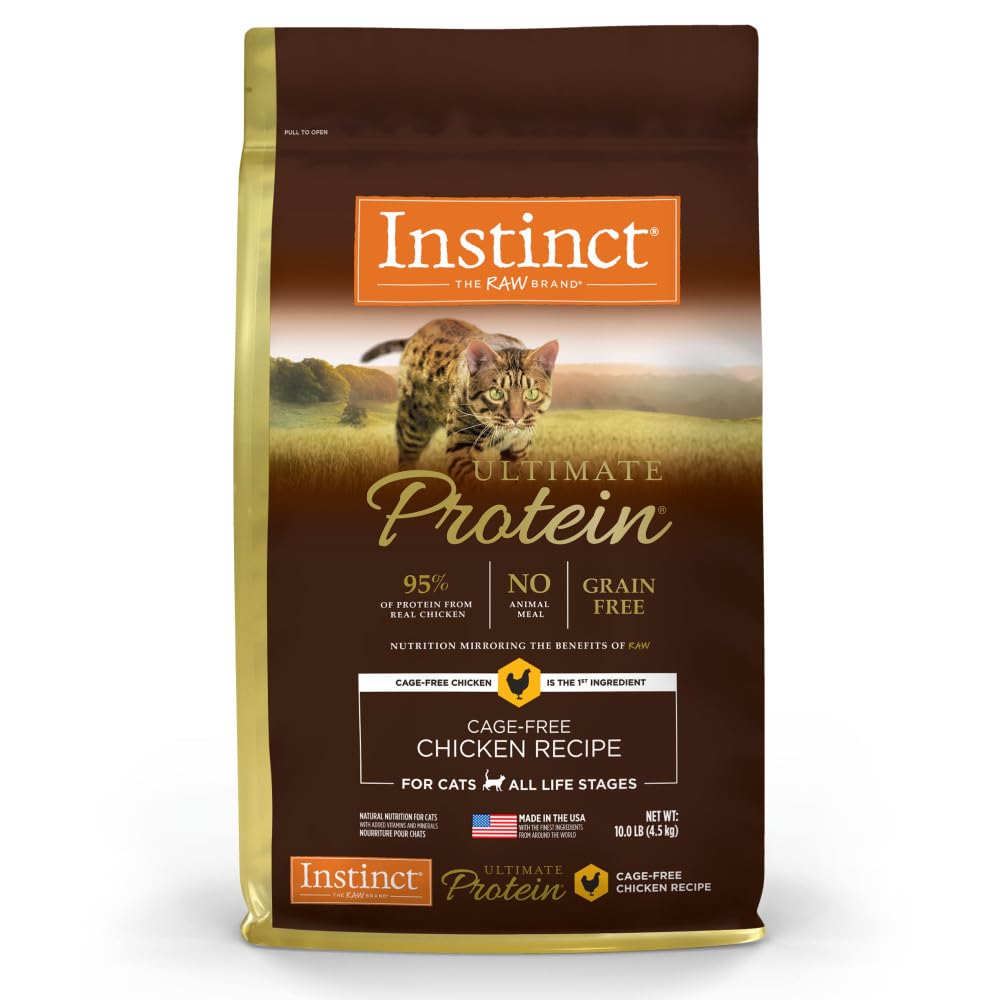 Instinct Ultimate Protein grain-free bag front showing premium chicken nutrition for cats.