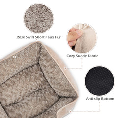 Close-up of the rose swirl faux fur cover shows soft warmth.