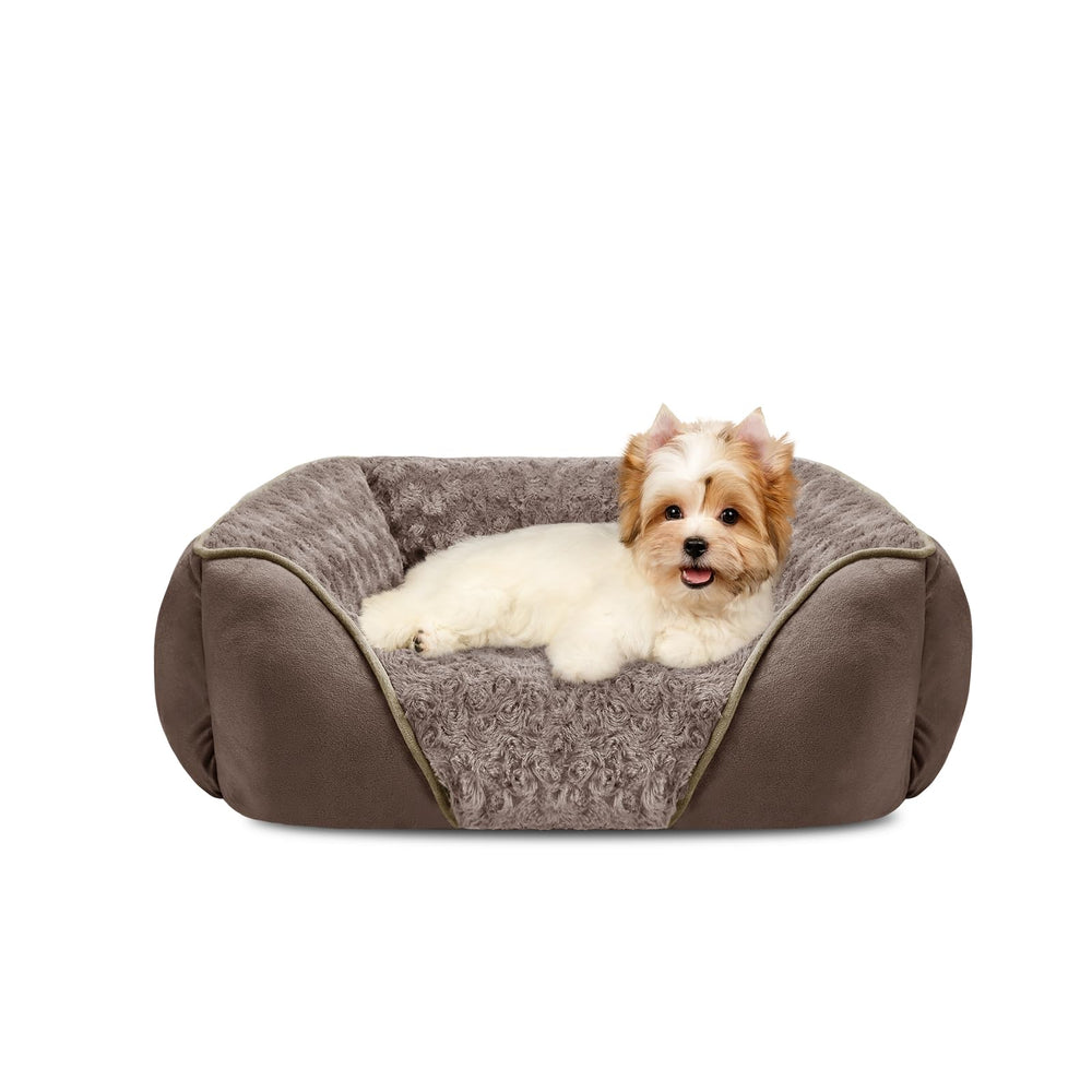 INVENHO small dog bed top view with rose swirl faux fur for cozy warmth.
