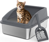 INVENHO stainless steel litter box with top-entry lid and secure buckle design for spill prevention.