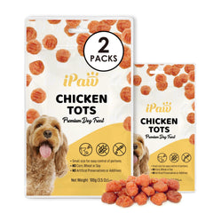 iPaw Chicken Tots bag and ingredients highlight premium protein for training rewards.