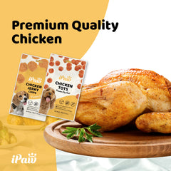 iPaw Chicken Tots bite-sized treats shown, perfect for focused puppy training sessions.