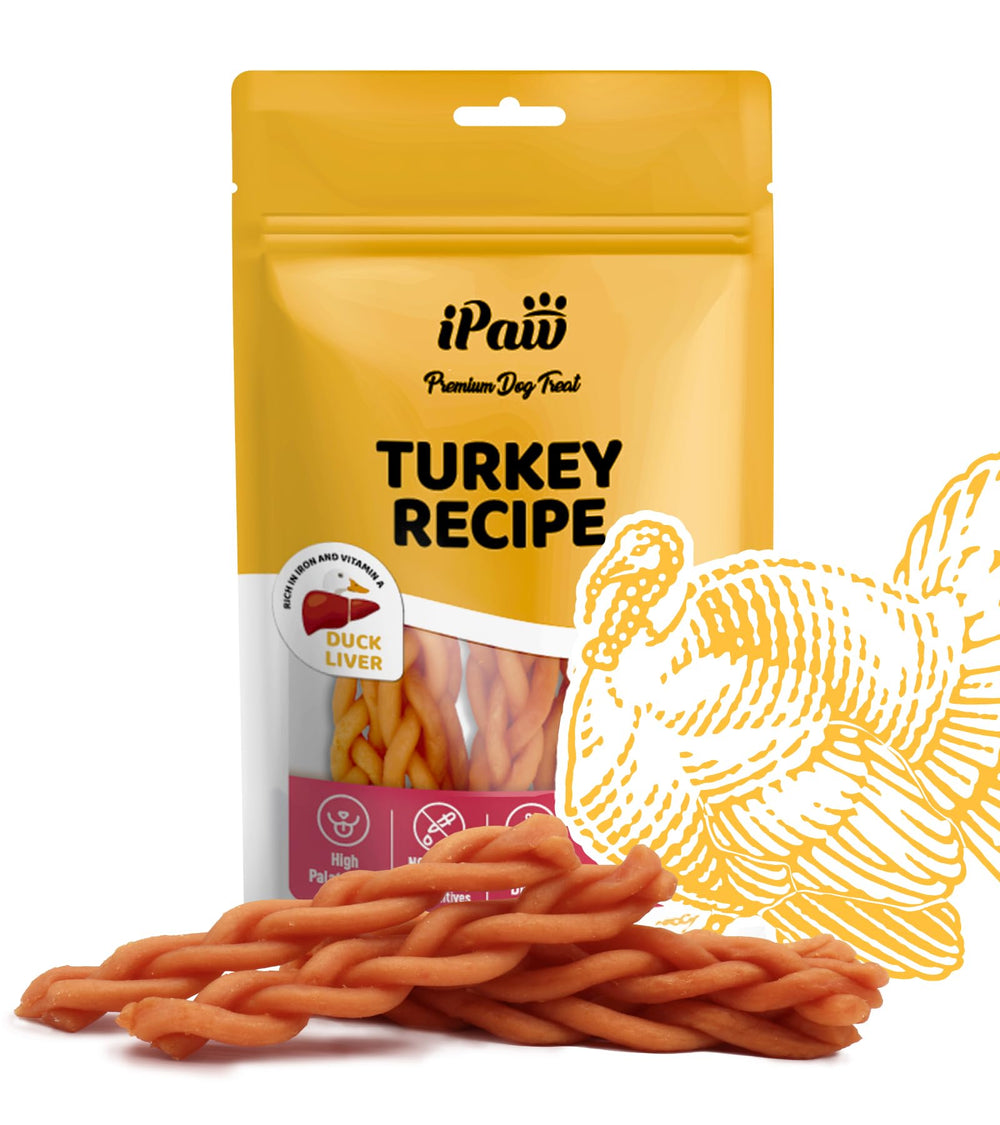 iPaw Turkey Dog Treats braided-stick closeup showcases chewy texture for training rewards.