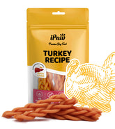 iPaw Turkey Dog Treats braided-stick closeup showcases chewy texture for training rewards.