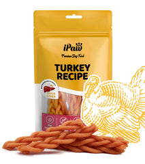iPaw Turkey Dog Treats braided-stick closeup showcases chewy texture for training rewards.