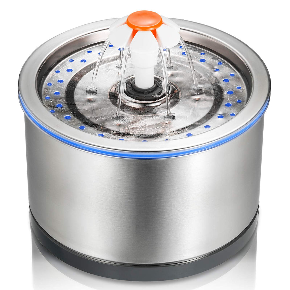 iPettie cat fountain in stainless steel with 84oz capacity for hydrated pets.