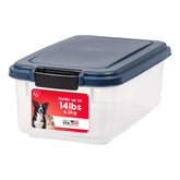 IRIS USA airtight dog food container with translucent body for easy level checks.