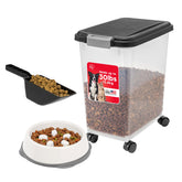 IRIS USA airtight dog food storage container with wheels keeps kibble fresh and easy to move.