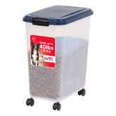 IRIS USA airtight pet food container with casters for easy movement and fresh storage.