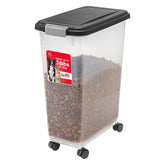IRIS USA airtight pet food container front view highlighting capacity for dry kibble.