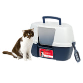IRIS USA corner-fit cat litter box designed to save space and fit tight rooms.