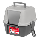 IRIS USA cat litter box with front door flap improves privacy and odor containment.