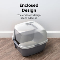 IRIS USA front-entry litter box includes portable handle and buckles for easy transport.