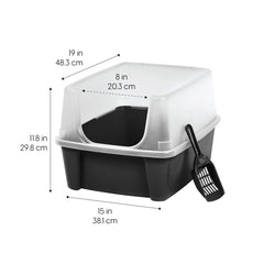 IRIS USA cat litter box with tall walls privacy shield to contain mess.