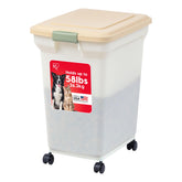 IRIS USA dog food storage container shows 58 lb capacity for dry kibble