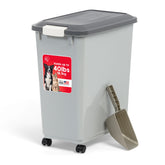 IRIS USA dog food storage container with wheels for easy mobility and storage.