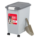 IRIS USA dog food storage container with wheels for easy portability.