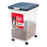 IRIS USA dog food storage container with attachable wheels for easy mobility.