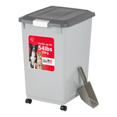 IRIS USA dog food storage container with wheels ready for transport.
