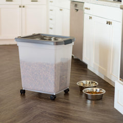 IRIS USA dog food container includes scoop for mess-free portioning at mealtime.