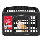 IRIS USA dog playpen with door shows compact assembly for quick setup.