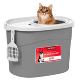 IRIS USA top-entry litter box lid provides privacy and reduces mess.