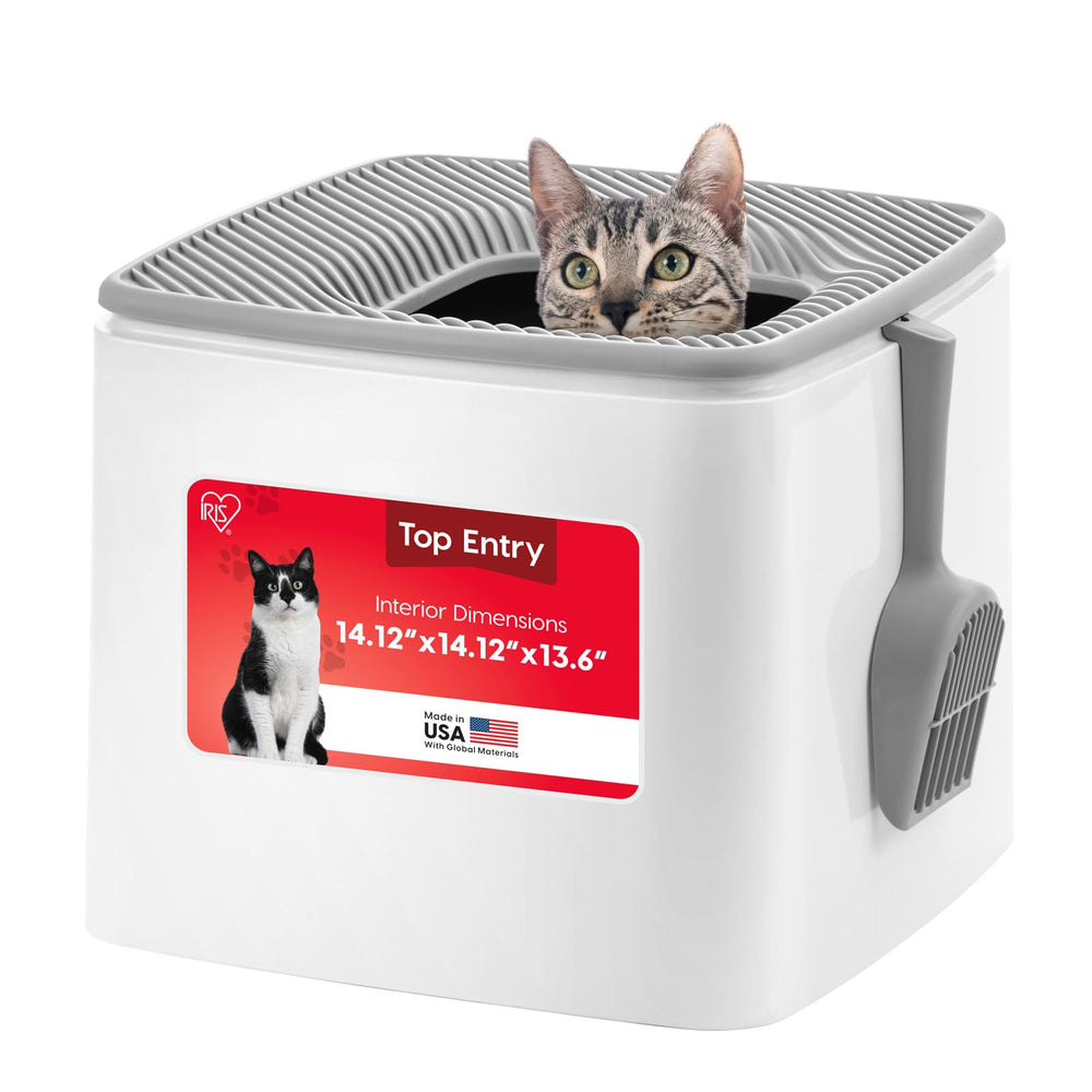 IRIS USA top-entry litter box with side scoop hook for quick cleaning.