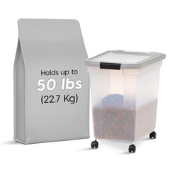 IRIS USA WeatherPro container demonstrates 50 lbs capacity for dry kibble