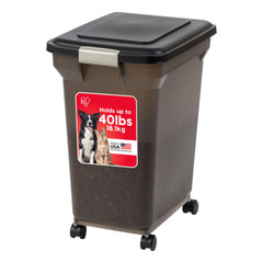 IRIS WeatherPro 55-quart container with lid keeps dry pet food fresh.