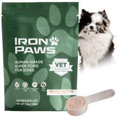Iron Paws dog superfood tub with greens blend for daily vitality.
