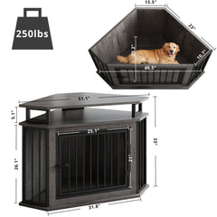 IRONCK corner dog crate 2-tier shelves providing extra storage for pet supplies.