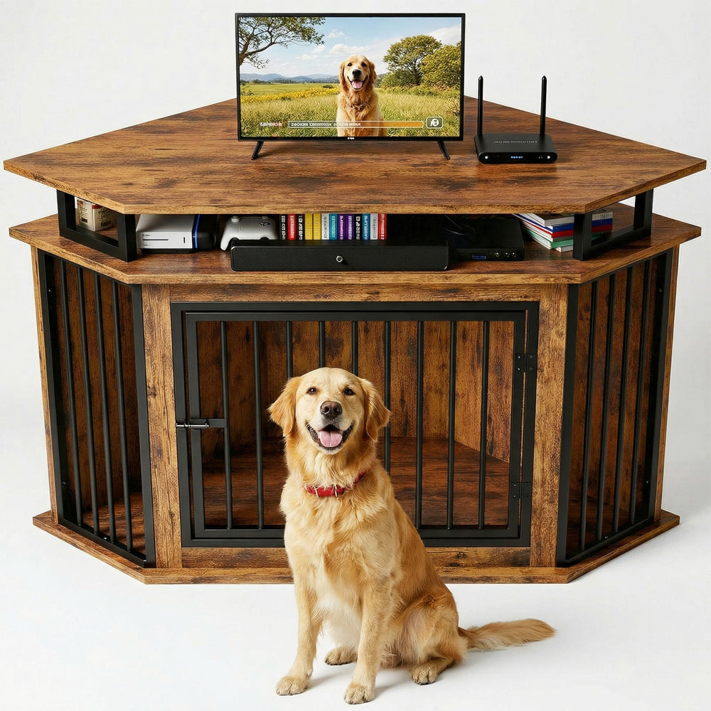 IRONCK corner dog crate furniture assembly close-up showing space-saving design.