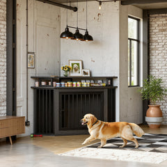 IRONCK corner dog crate doubles as a TV stand in a modern living room.