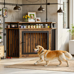 IRONCK corner dog crate wood panels emphasize natural material and vented airflow.