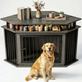 IRONCK corner dog crate with wooden frame for stylish, space-saving dog housing.