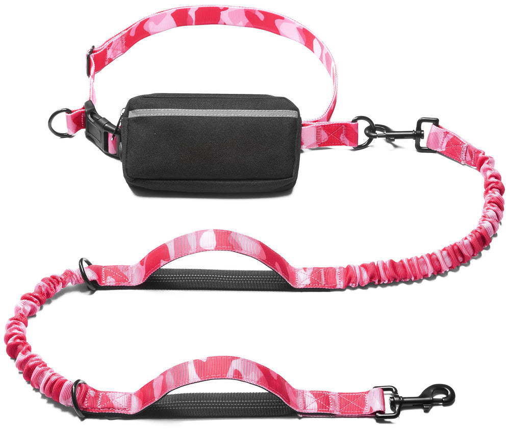 iYoShop hands-free leash in camo pink with waist strap for hands-free running and comfortable jogs.