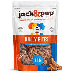 Jack&Pup Bully Bites 1lb bag on counter; tasty dog treat option.