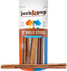 Jack&Pup 12 inch bully sticks packaging highlights odor-free, digestible chews.
