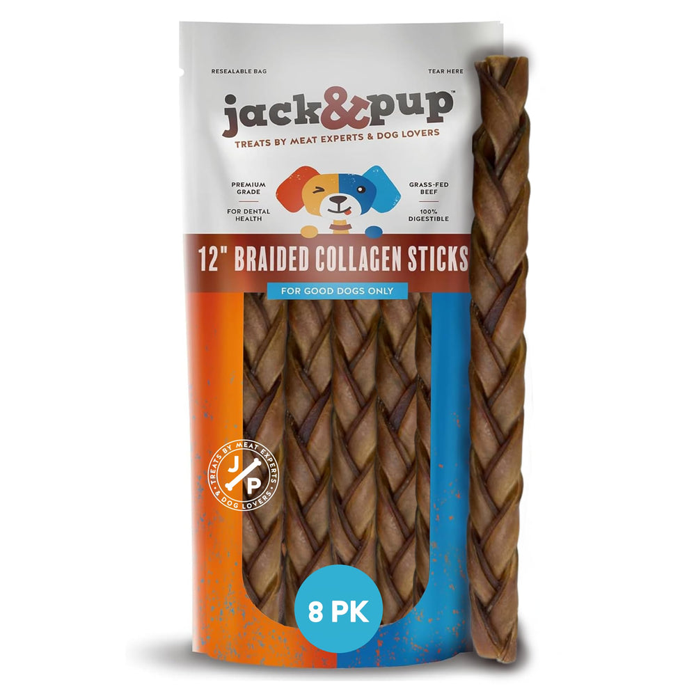 Jack&Pup 12-inch braided beef collagen stick for dogs, long-lasting chew.