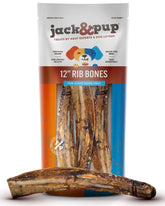 Jack&Pup 12-inch rib bone three-pack with meat chunks for dogs.