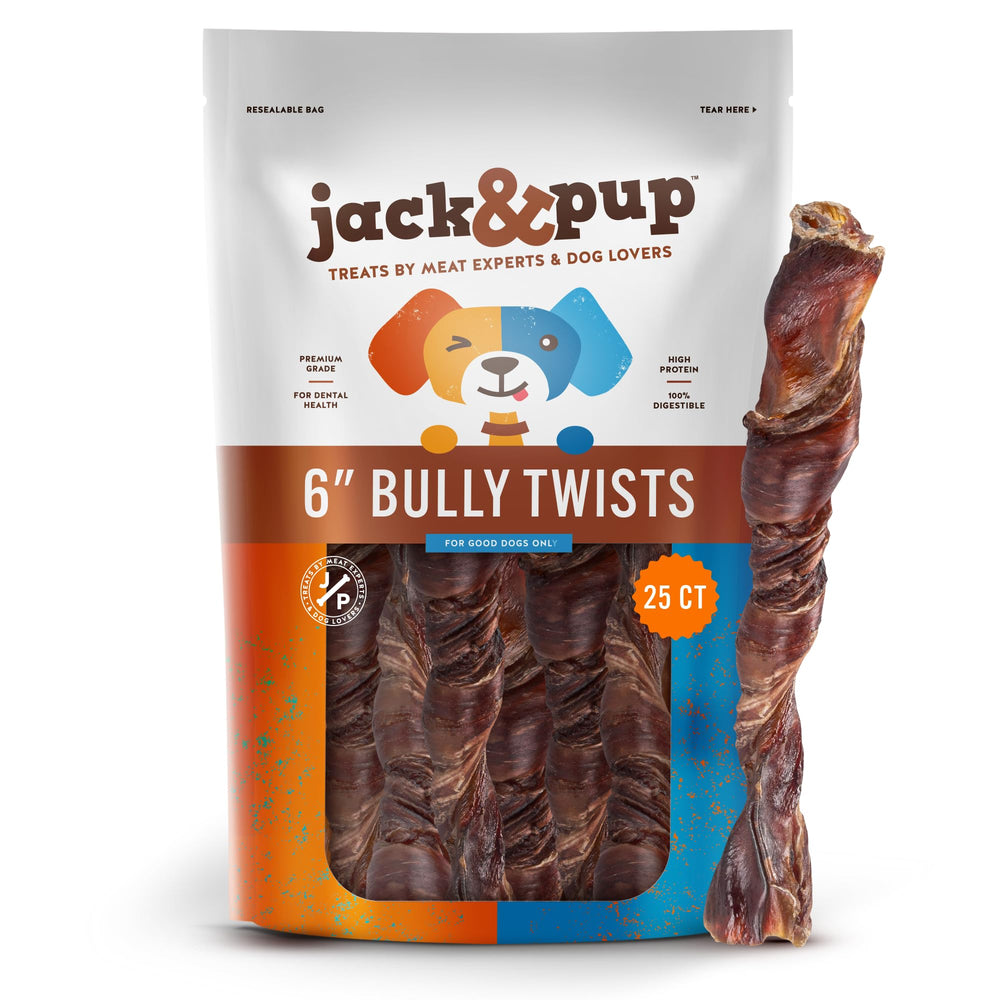 Jack&Pup 6in bully twists pack shot for dogs, durable chew option
