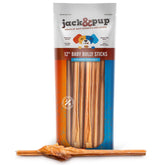 Jack&Pup bully sticks for small dogs 12in pack shot showing durable, natural chews.