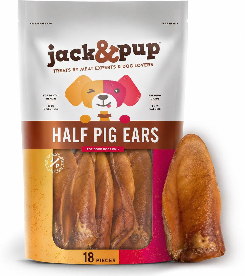 Jack&Pup Half Pig Ears Pack—long-lasting chew for dogs with natural flavor.