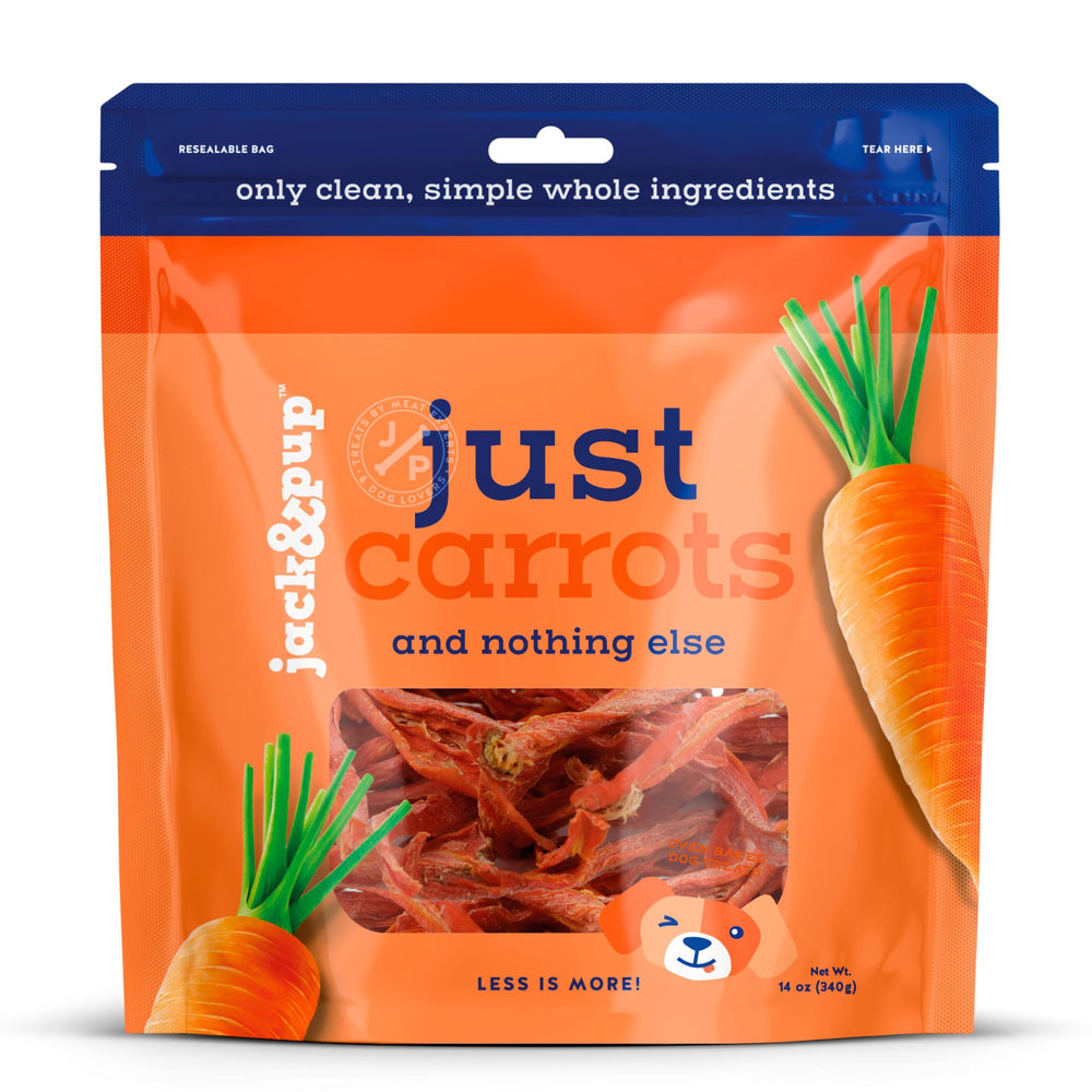 Jack&Pup Just Carrot Chews bag β natural, low-fat dog treats for healthy snacking.