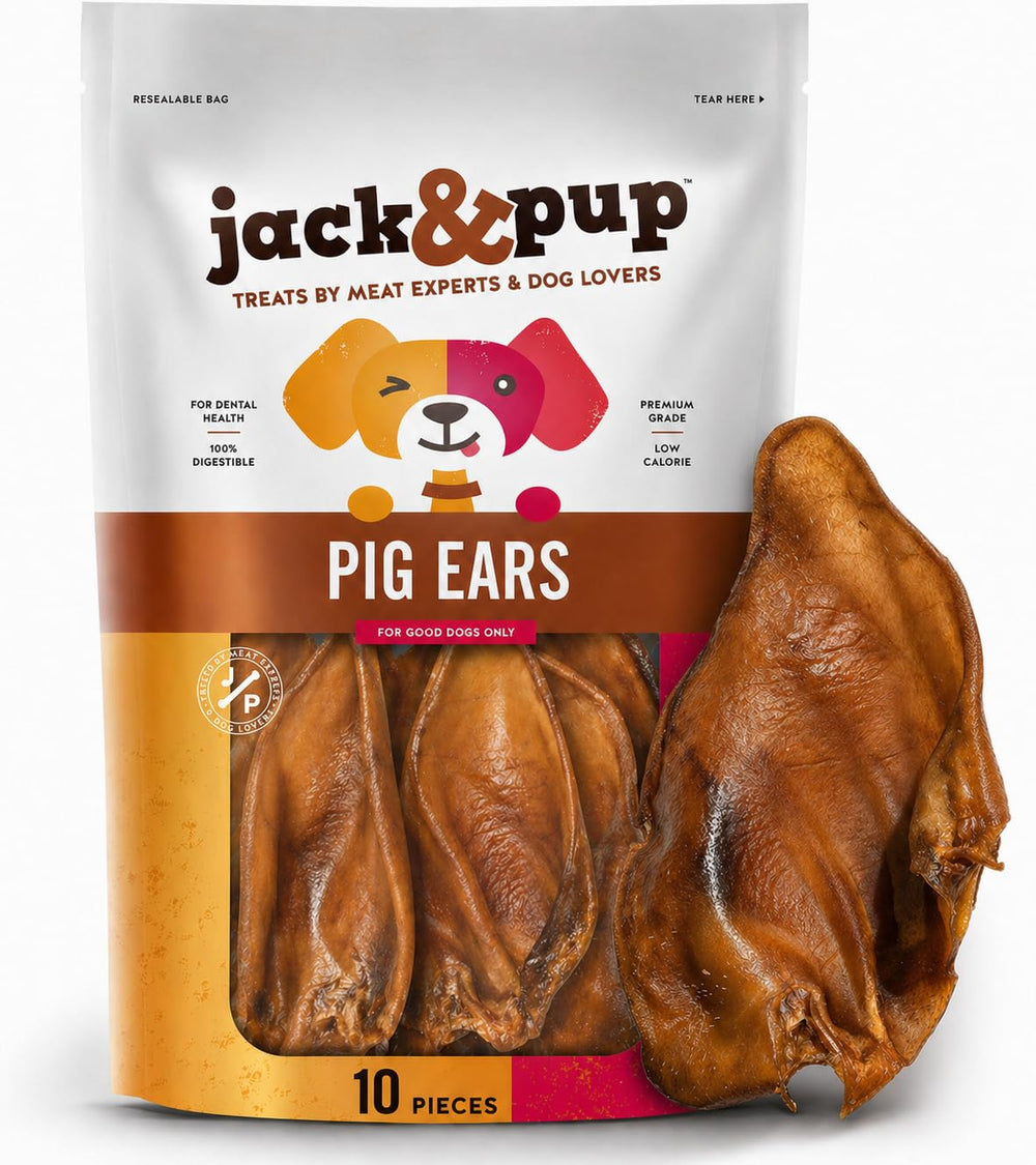 Jack&Pup Whole Pig Ears 10 Pack — pack shot, premium thick ears for durable chewing.
